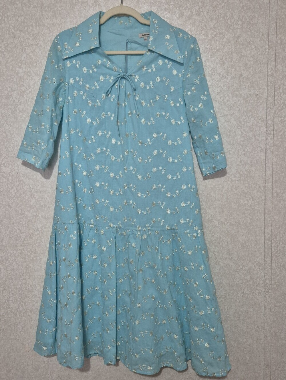 J. Peterman Light Aqua Floral Tie-Neck Midi Dress...Size:8
